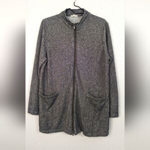 Eileen Fisher Organic Cotton & Hemp Gray Striped Full Zip Jacket Mock Neck M